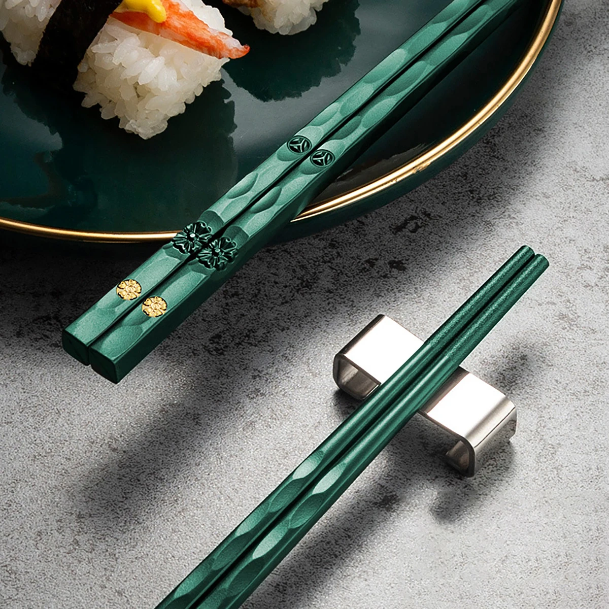 5Pcs Reusable Chinese Chopsticks Food Sushi Sticks Alloy Non Slip Dishwasher Safe Bamboo Shape Food Grade Chopsticks