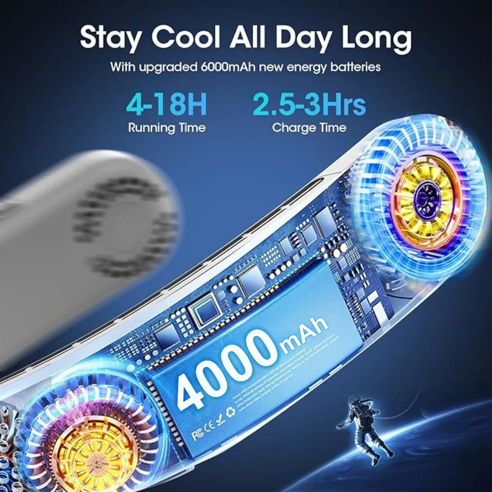 4-Turbine Wearable Neck Fan - Ultra-Quiet 360° Cooling, 4000mAh Battery, 3 Speeds, Hair-Safe - Gift for Family/Friends/Colleague