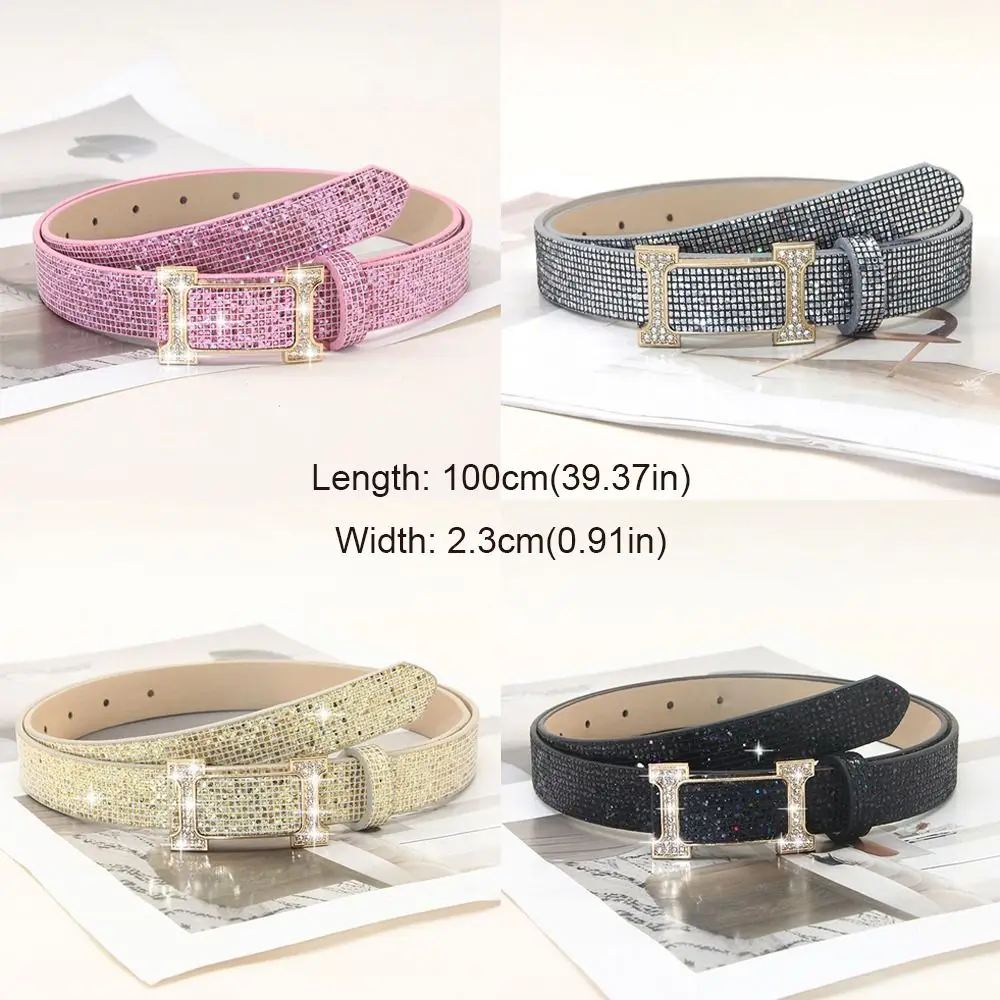 Fashion Bling Bling Sparkling Rhinestone Belt Glitter Versatile PU Leather Belt Luxury Brand Design Slide Buckle Belt Women
