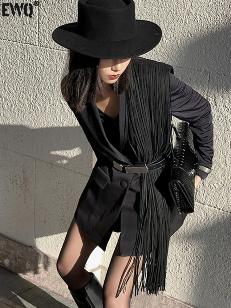 

[EWQ] Korean Fashion Black Jacket Patchwork Tassels Suits Women Notched Collar Long Sleeve Office Lady Blazer 2024 Spring New