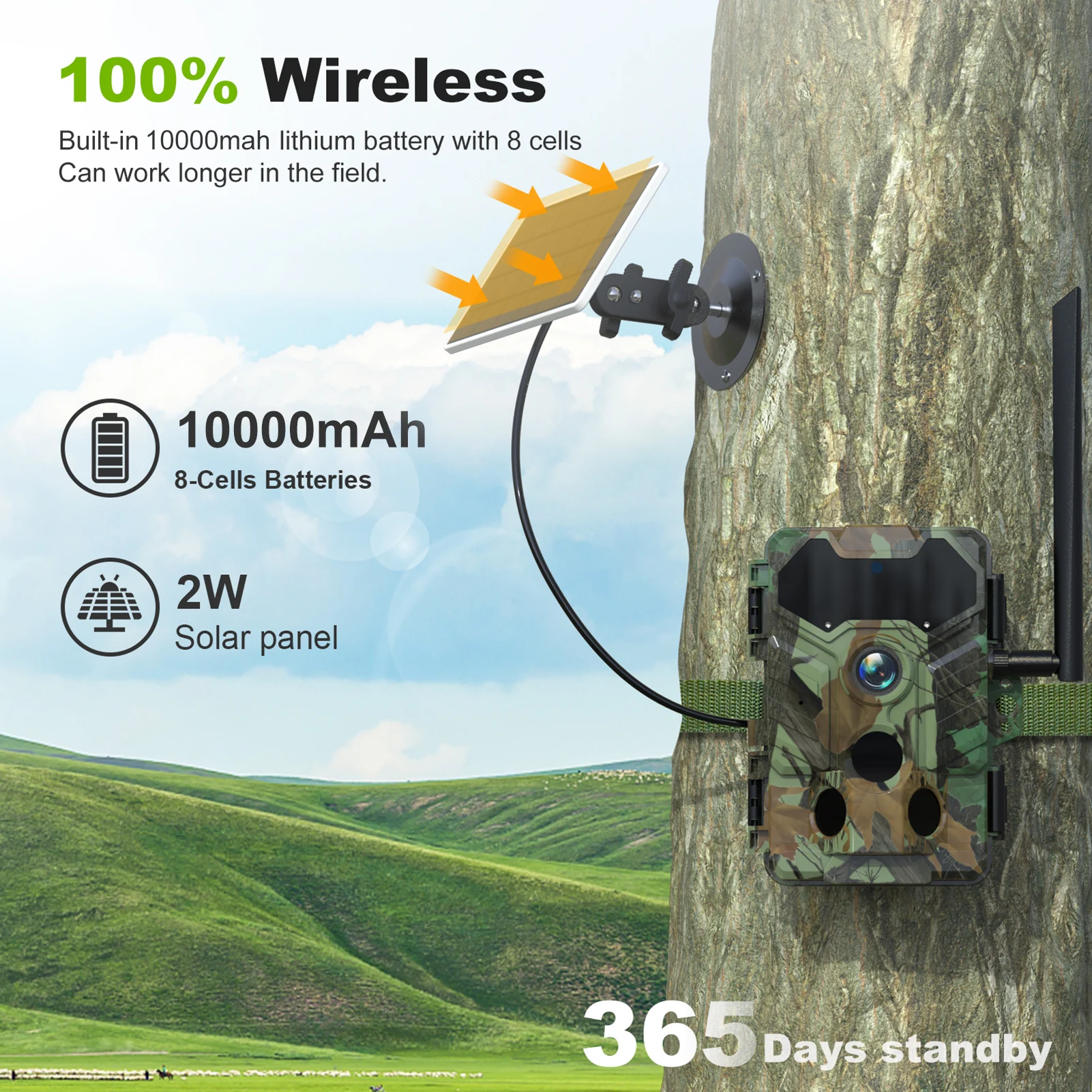 Outdoor Wireless Solar Powered Hunting Camera 32MP BT Infrared 4G SIM Card BT Quick Connect Wildlife Solar