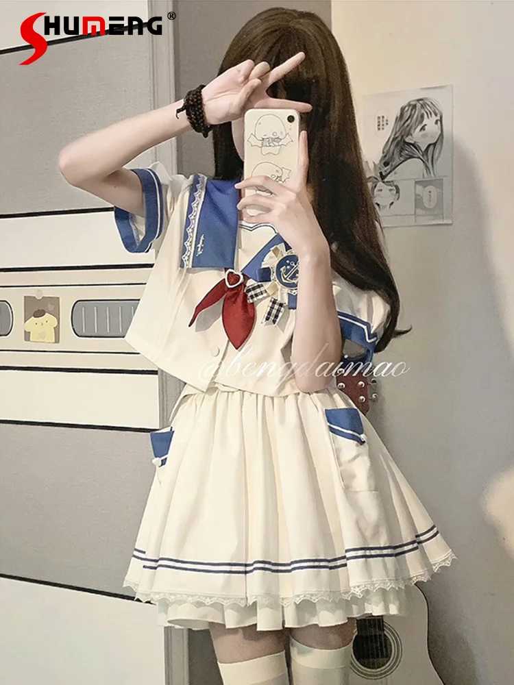 

Japan Preppy Style JK Uniform Suits Blue Sailor Collar Bow Short-Sleeve Short High Waist Mini Skirt Two-Piece Set Outfits Women