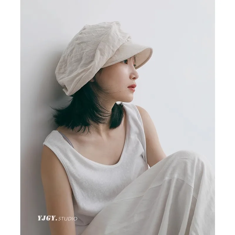 Breathable linen loose-fitting vintage Cloud Hat Artsy Day Painter hat Adjustable Newsboy hat ladies summer