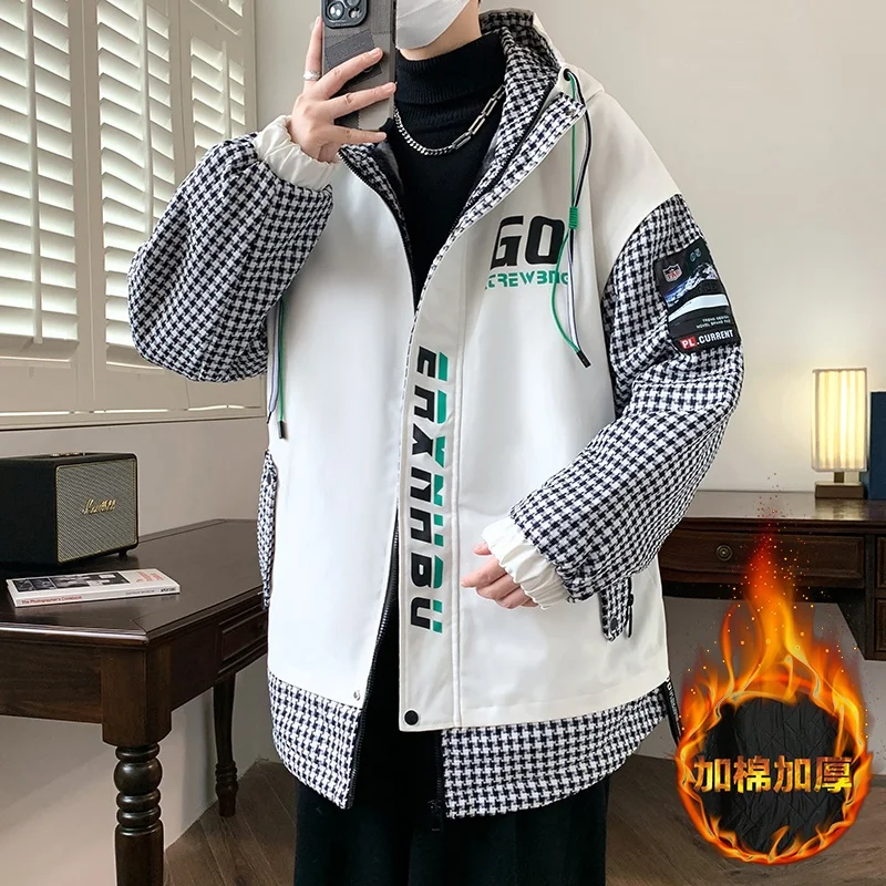 Fashion Autumn Winter Men's Hooded Fleece Warm Jackets Streetwear Loose Thicken Plush Coats Windproof Cotton-Padded Tops Parkas