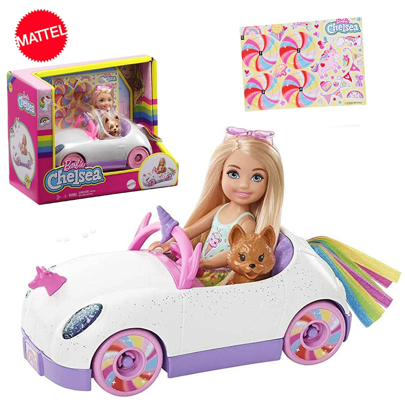

Original Mattel Barbie Chelsea 6inch Doll Rainbow Unicorn Car with Puppy Accessories Toys for Girls Educational Prop Collection