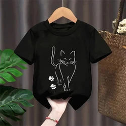Kawaii Kitten Summer Kids T - Shirt - Cute Cartoon Cat Short Sleeve Tee - 130 (Black)