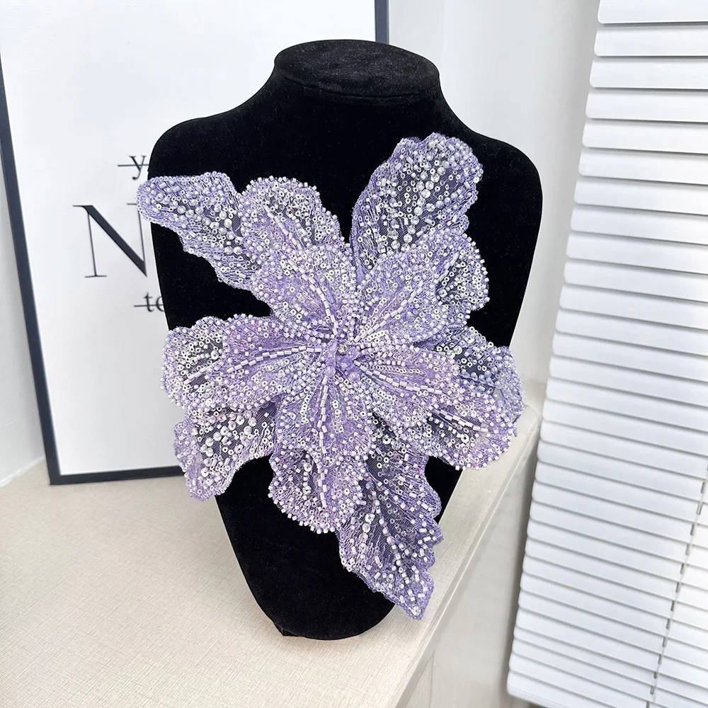 1PC Sequin Beaded 3D Floral Lace Patches Multi Layered Applique