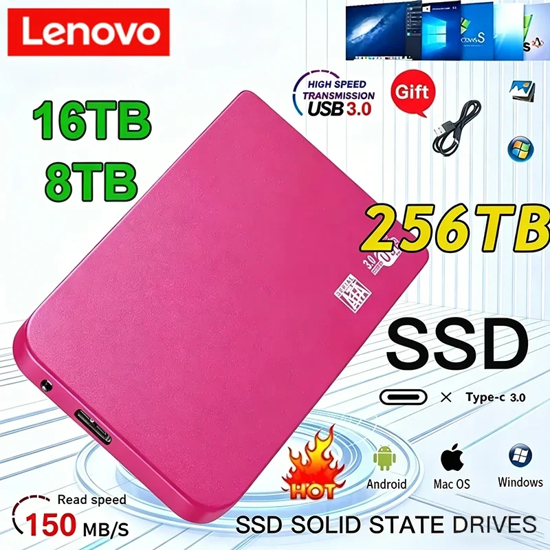 레노버 휴대용 오리지널 500GB SSD 고속 외장형 솔리드 스테이트 하드 드라이브 USB3.0 인터페이스 HDD 노트북용 모바일 하드 드라이브
