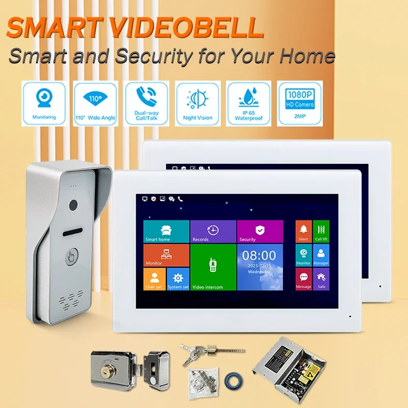 

Popular 7 Inch Ip Based Video Door Phone 2 Indoor Screen Fingerprint Intercom 4k Record Network Cable Cat5/ Cat6 To Connection