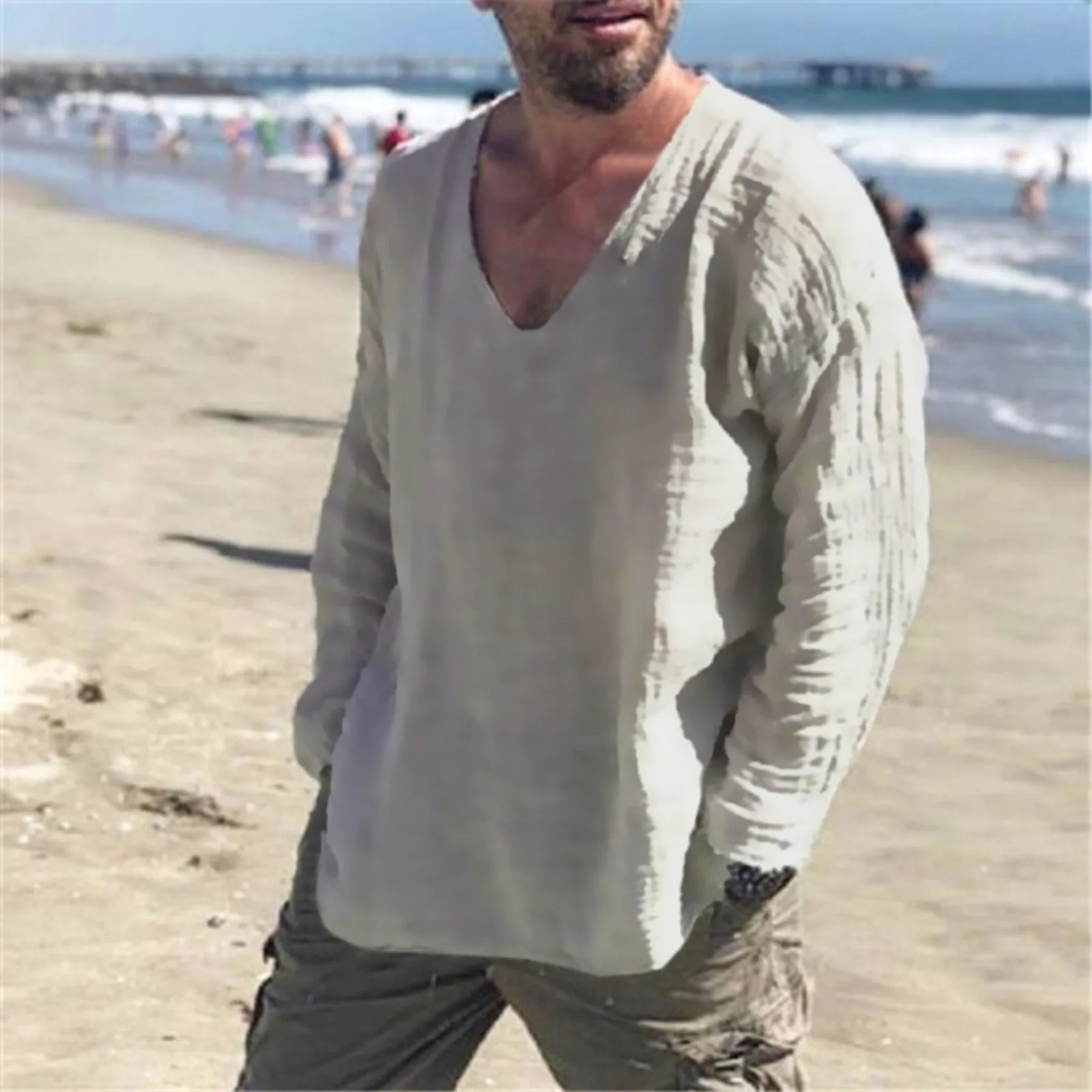 

Рубашка мужская с длинным рукавом, простая блуза из хлопка и льна, свободная пляжная сорочка, однотонная, лето 2023