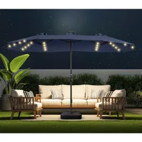 Double Sided Patio Umbrellas - 15ft Solar Lights LED Lighted Outdoor Extra Large Market Table Umbrella with Base Included, Overs 1