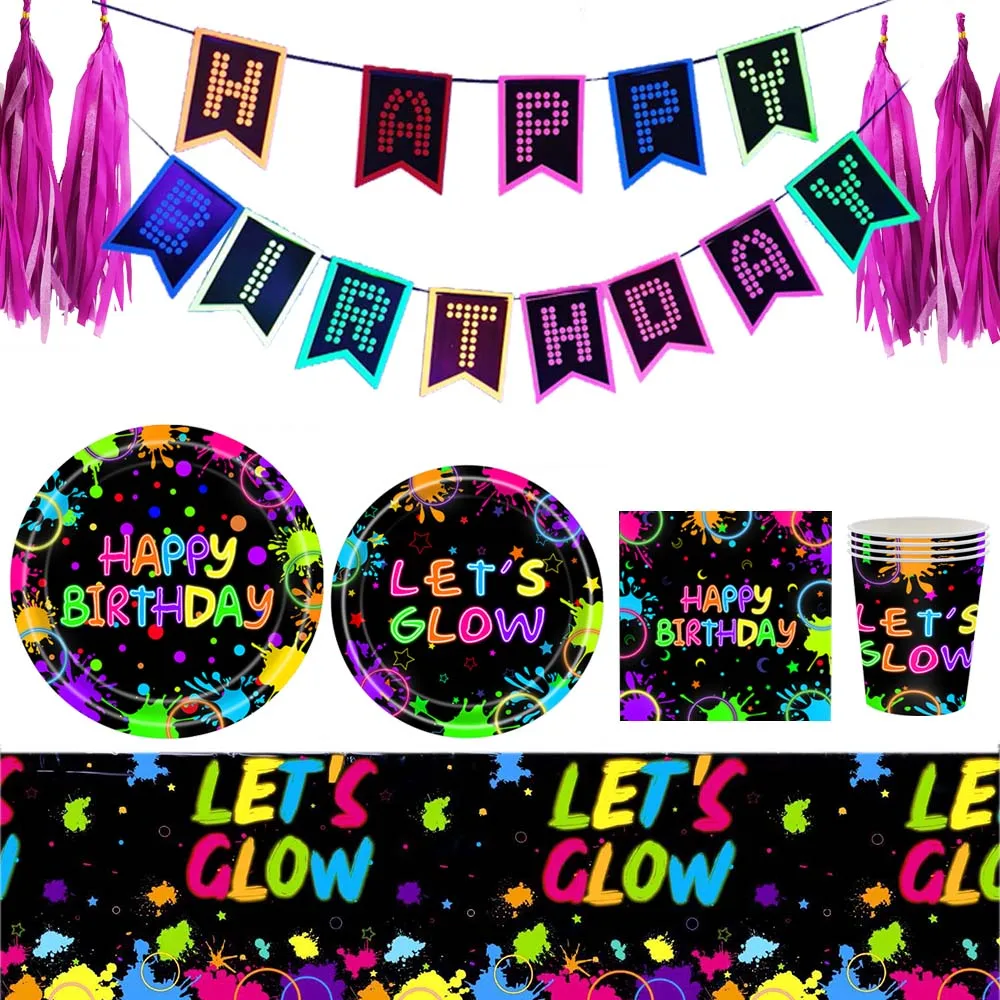 Neon Glow Party Disposable Tableware Paper Plates Cups Napkin Tablecothe Adult Glow In The Dark  Birthday Party Decor Supplies