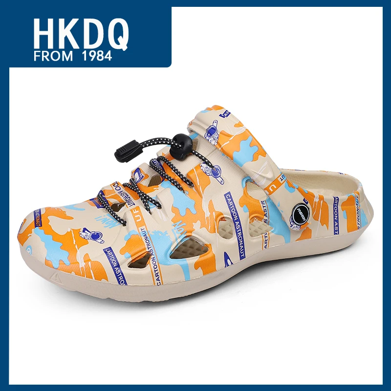 

HKDQ Summer Elastic Light Soft Men Clogs Comfortable Anti-slip Outdoor Casual Sandals For Men Fashion Print Men's Beach Slippers