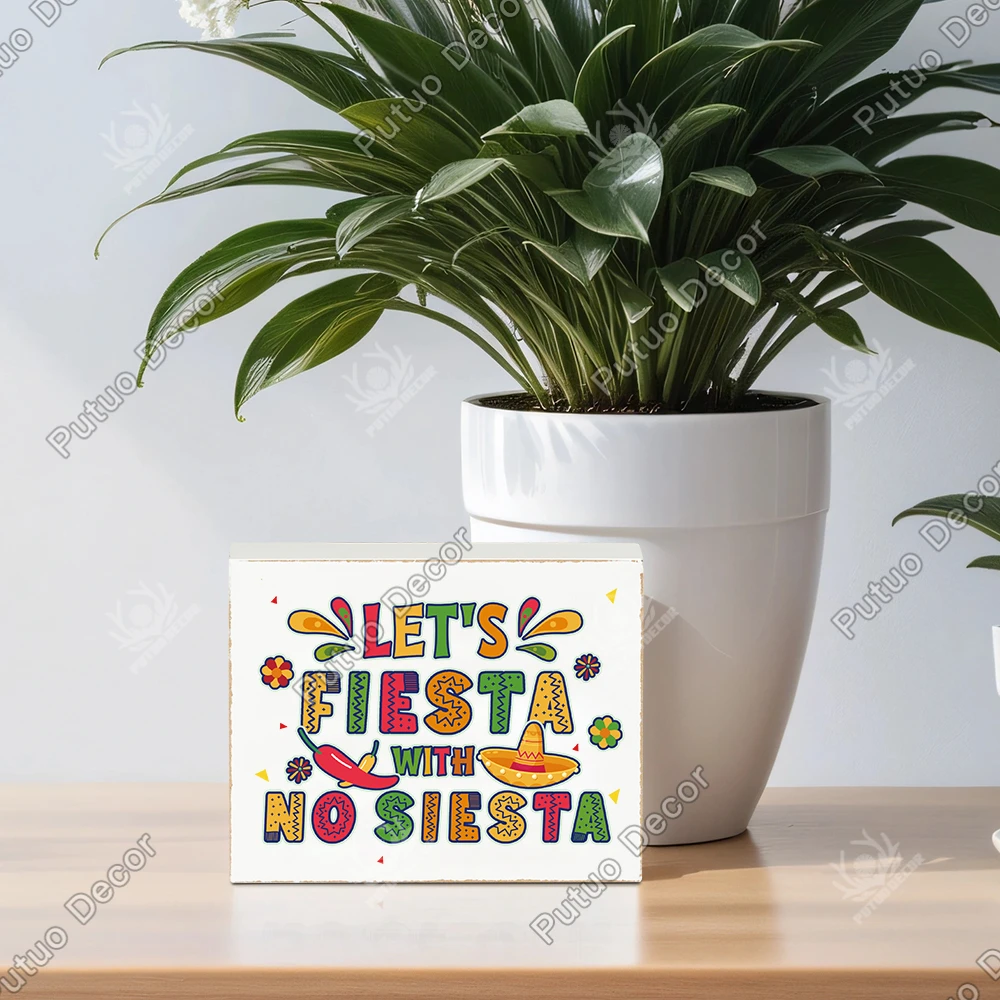 

Putuo Decor 1Pc White Wooden Box Sign,Let's Fiesta With No Siesta ,Desk Decor for Home coffee shop, Cinco De Mayo Gifts