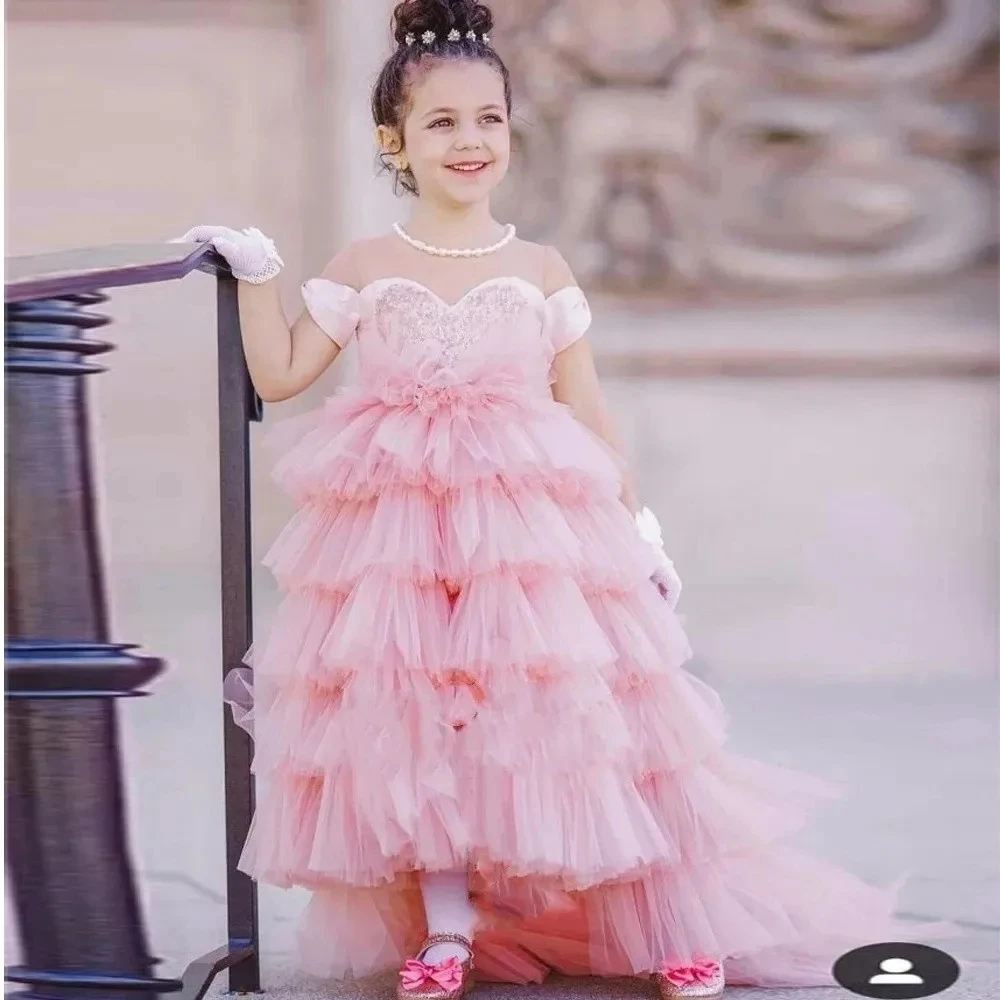 

Luxury Lace Flower Girl Dress Illusion Button Back Girl Birthday Dress Ivory First Communion Dresses robe de princesse fille