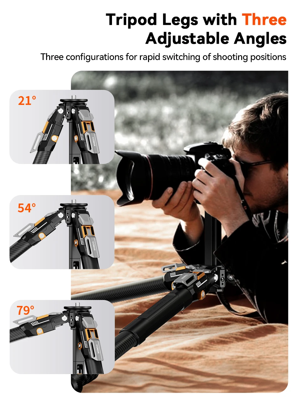 - T1/T1S/T1S V5 Snap-Open Carbon Fiber Video and Photo Tripod 4 Section Legs Adj