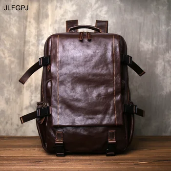 Retro Fashion Men's Vegetable Tanned Top Layer Cowhide Backpack Buckle With Large Capacity 15 inch Genuine Leather Computer Bag 1