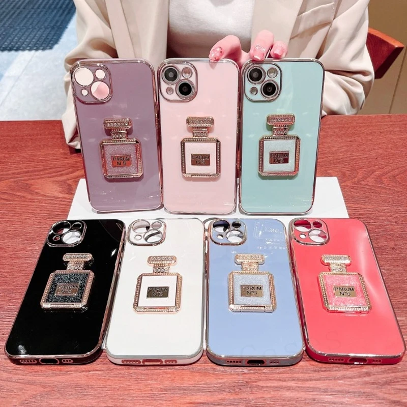 Bling parfum n ° 5 support coque de téléphone pour iphone 14 12 Pro Max MiNi 11 13 Pro X XS XR 6 S 7 8 Plus SE support placage couverture_voghion.com