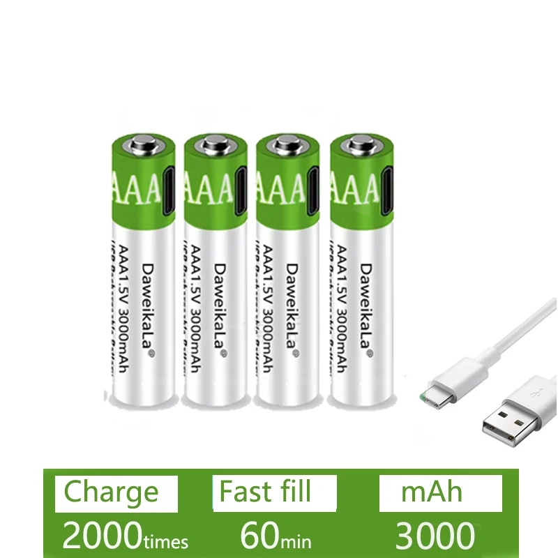 Rechargeable Lithium Batteries Battery AAA USB Batteries Rechargeable 1.5V 3000 mAh li-ion battery for remote control mouse Electric toy battery + Type-C Cable