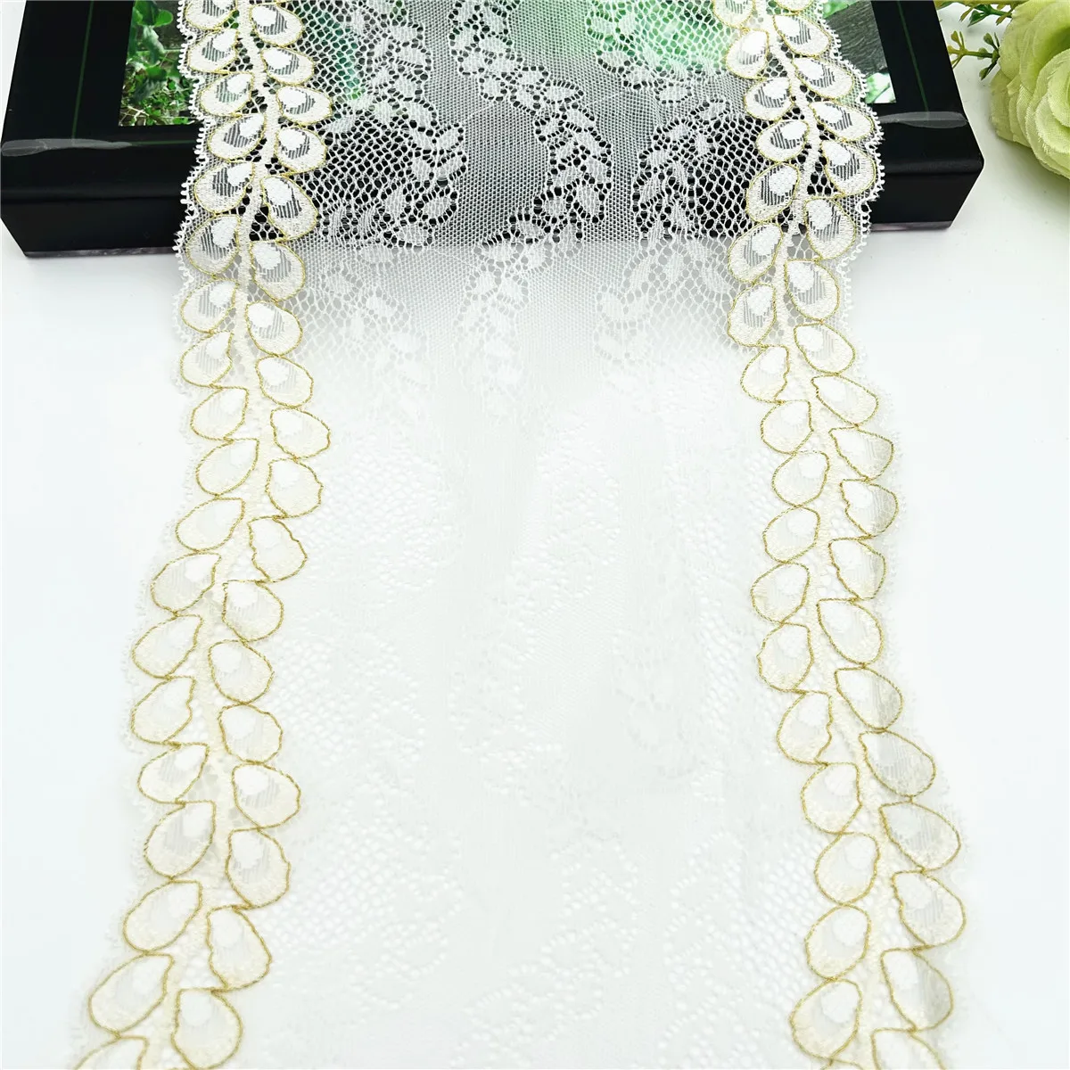 3y/lot Width 19cm Ivory Gold Elastic Stretch Lace Trim For Clothing Accessories Dress Sewing Applique Costume Lace Fabrics 4
