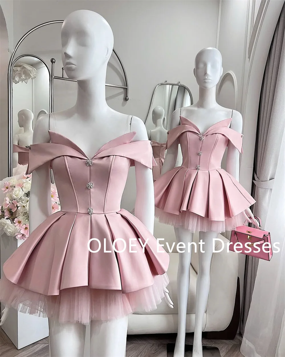 OLOEY Sexy Pink Off Shoulder Short Prom Cocktail Dresses Pleats Crystal Mini Wedding Party Gowns Women Zipper