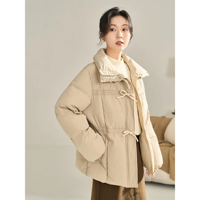 INMAN Women Down Jacket Winter Long Sleeve Stand Collar White Duck Down Coat Bow Decoration Elastic Cuff Casual Khaki Outwear