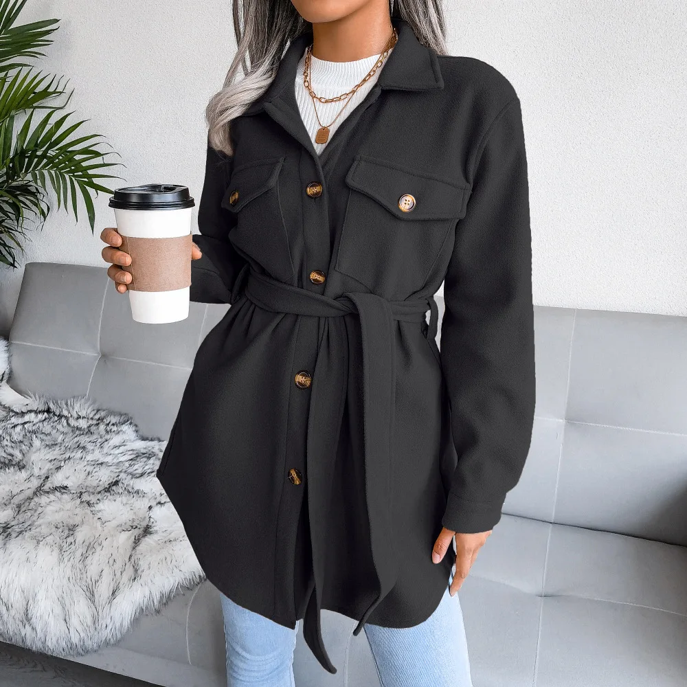 Women's 2023 Casual Fashion Loose Lapel Wool Chic Coat with Retro Long Sleeve Side Pockets Women's Coat Warm Women's Clothing