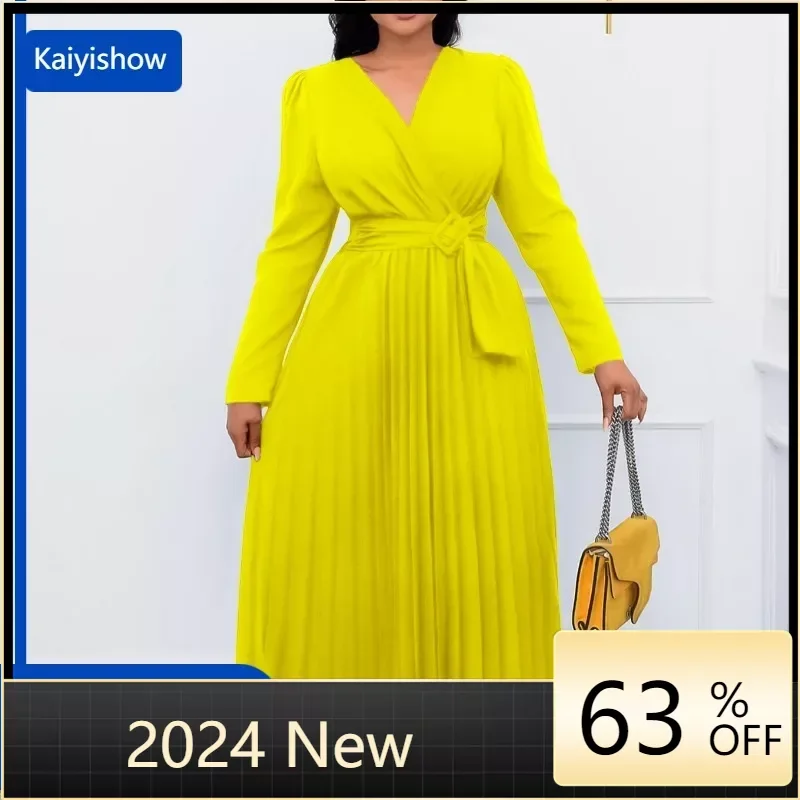 Autumn Ruffle Office Lady Dress Women Solid Pleated V Neck Ruched Long Sleeve Party Club Business Work Cocktail Maxi Dress Women lady roll waist sleeveless pleated ruched a line dress women one shoulder sexy prom evening dresses 2022 new fahion chothing