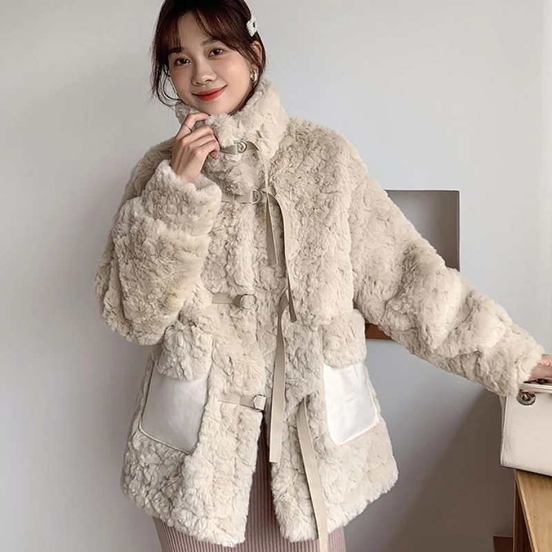 Пальто из искусственного меха для женщин, свободная утепленная верхняя одежда, повседневная куртка с воротником-стойкой, универсальная верхняя одежда, Зимняя мода, новинка 2024