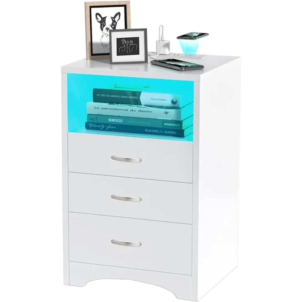 

Modern End Side Table With 3 Drawers Wooden Cabinet Stand By Sofa Mobile Bedside Tables for Bedroom With USB Ports Outlet Drawer