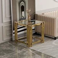 Gold Glass Living Room End Table Sofa Side Table 1Pcs, Stainless Steel Metal Leg, Square Clear Tempered Glass Small Corner Table 2