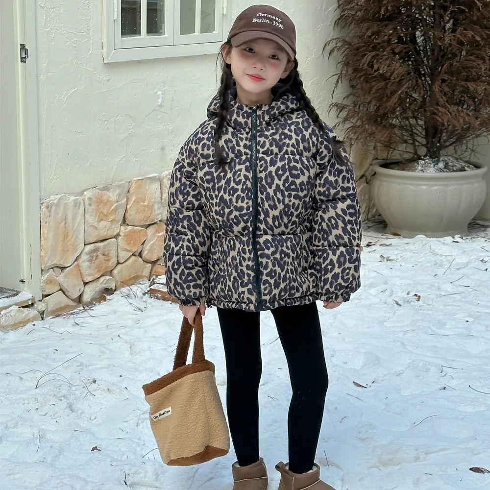 Girls Coat Autumn New Childrens Clothes Girls Baby Western-style Leopard Print Double-sided Hooded Padded Jacket