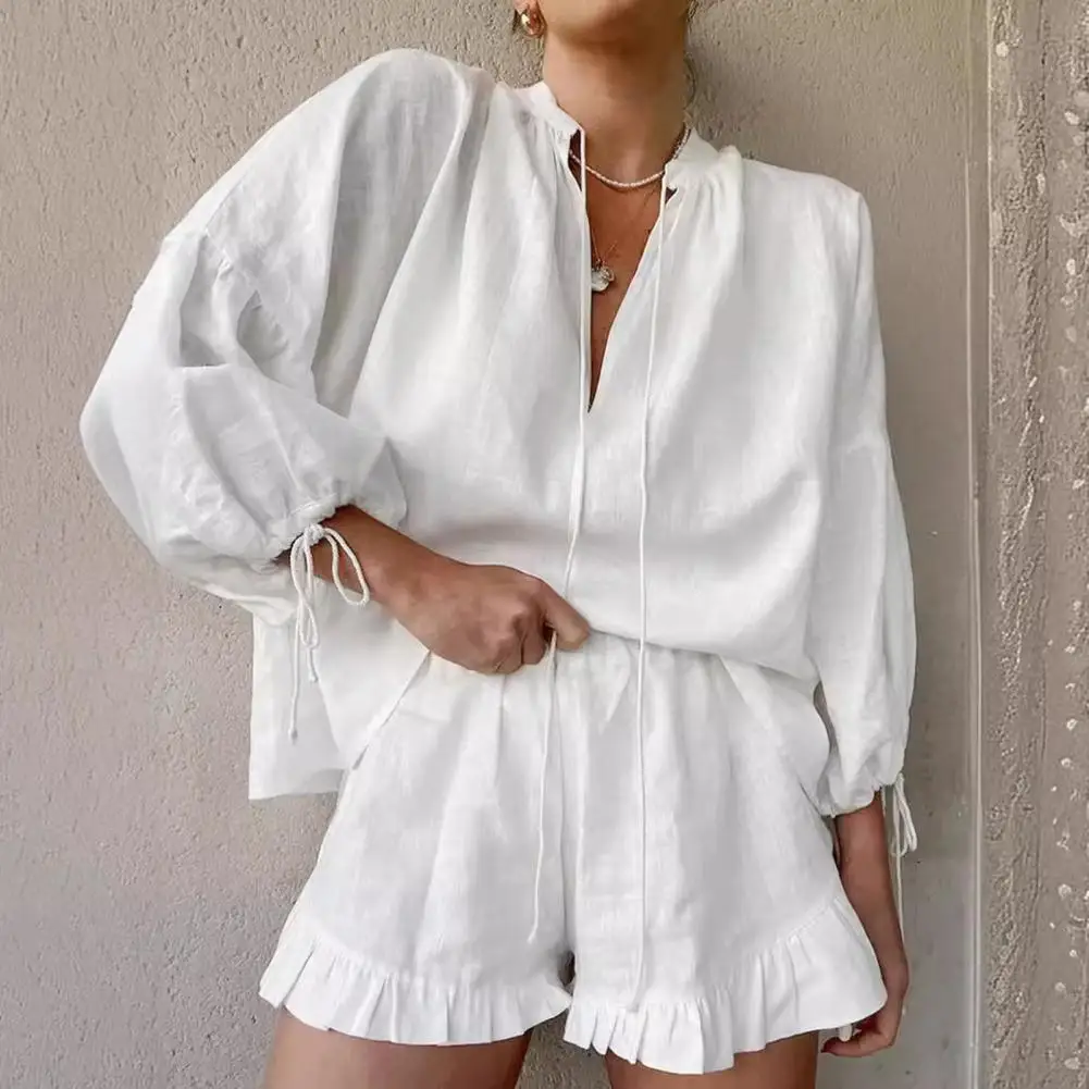 Women 2024 Summer Shorts Sets Solid Ruffle Short Pants V Neck Long Sleeve Drawstring Loose Tops Suit Casual Chic Tracksuit