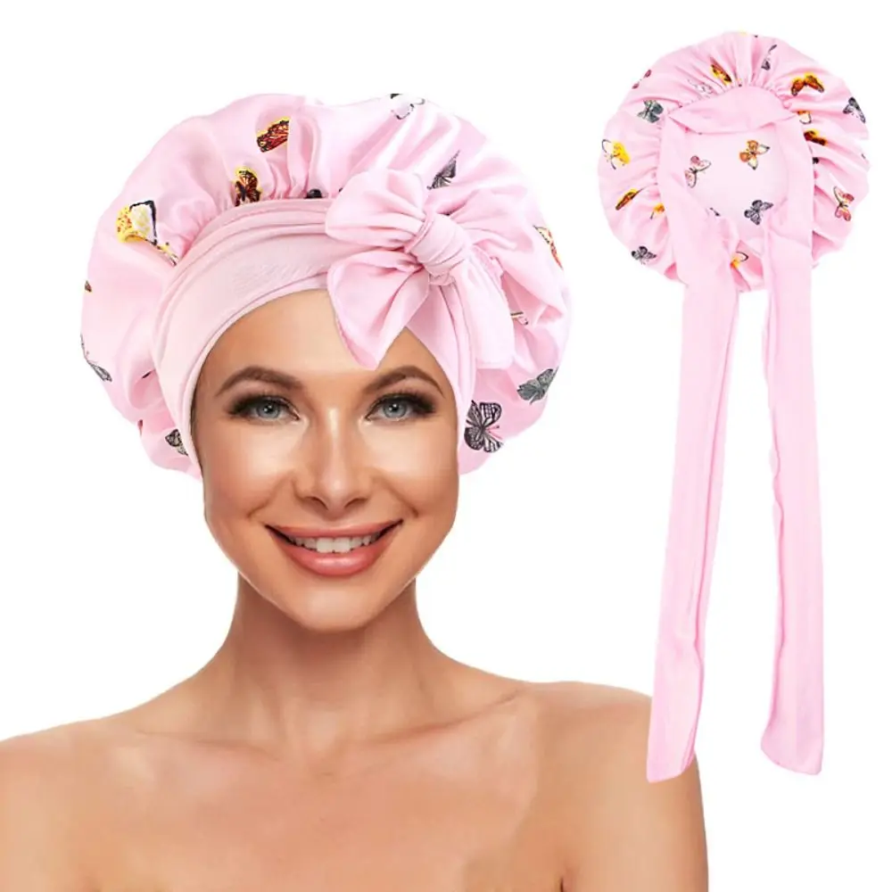 

Women Print Satin Sleeping Cap New Elastic with Headband Night Sleep Cap Long Ribbon Shower Turban Silky Nightcap Bonnet