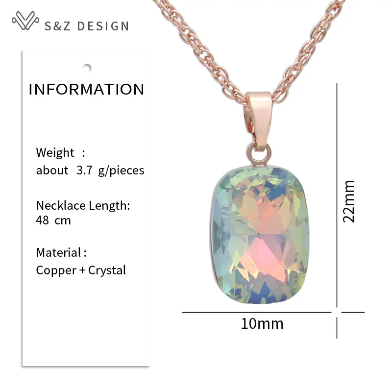 S&Z DESIGN New Fashion Rectangle Colorful Crystal Pendant Necklace For Women Wedding Elegant 585 Rose Gold Color Jewelry Gift