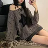 Y2K Hole Star Print T-Shirt Women Fashion Streetwear Off Shoulder Tops Summer Oversized Kpop Long Sleeve Loose Tees Ladies New 3