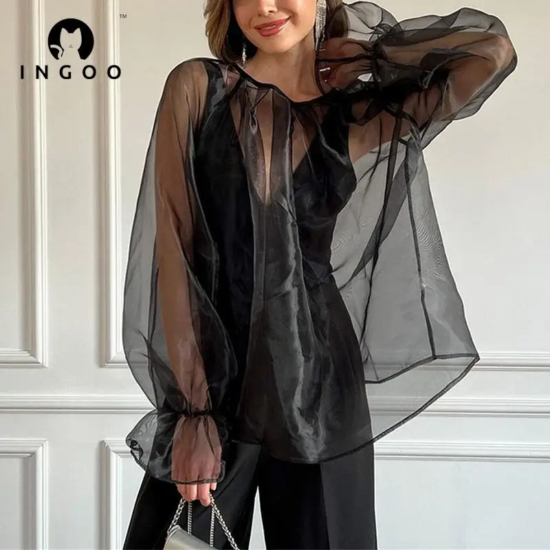 

INGOO белые элегантные женские свободные блузки летние черные сексуальные стильные прозрачные сетчатые топы с пышными рукавами 2023 модная уличная одежда