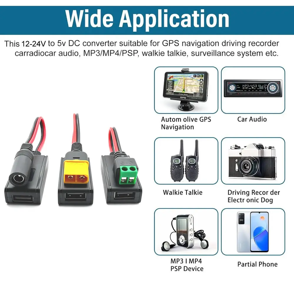 QC3.0 QC2.0 DC-DC 전력 변환기 벅 고속 충전 케이블, XT60/2핀 무납땜 터미널 DC12V-24V - USB 5V 스텝다운 케이블