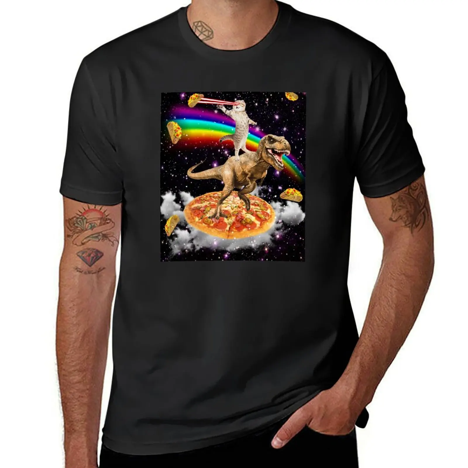 

The ORIGINAL Galaxy Laser Eye Cat on Dinosaur on Pizza with Tacos & Rainbow T-Shirt summer tops tees men t shirts