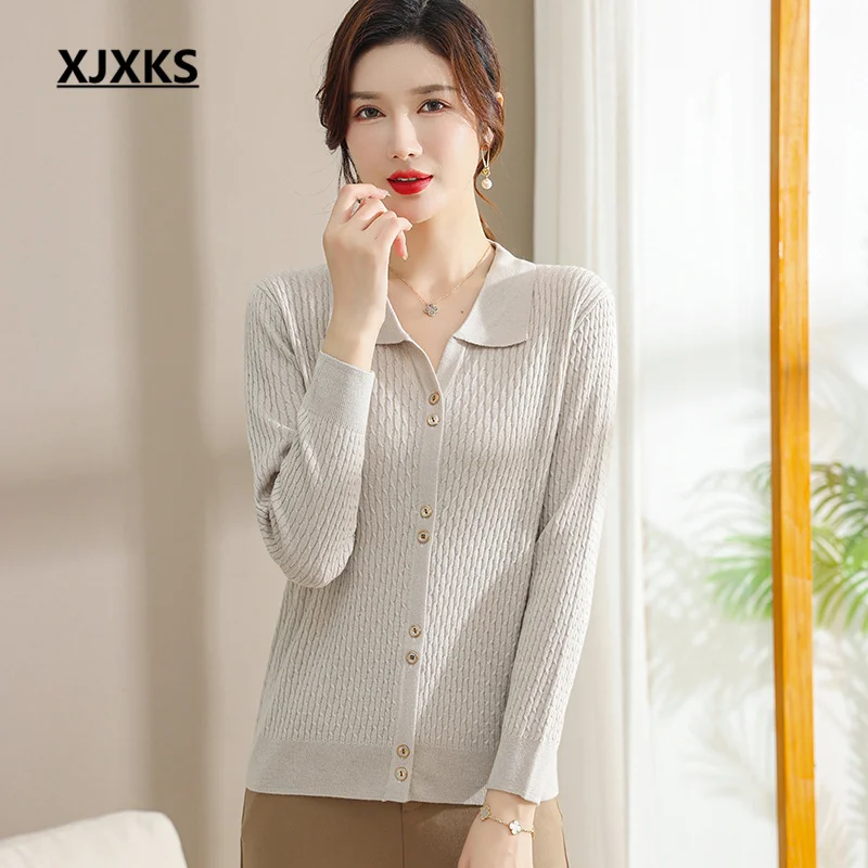 

XJXKS 2023 Spring Autumn Winter New Fashion Lapel Single-breasted Cardigan Women's Sweater Coat High-end Temperament Lady Jumper