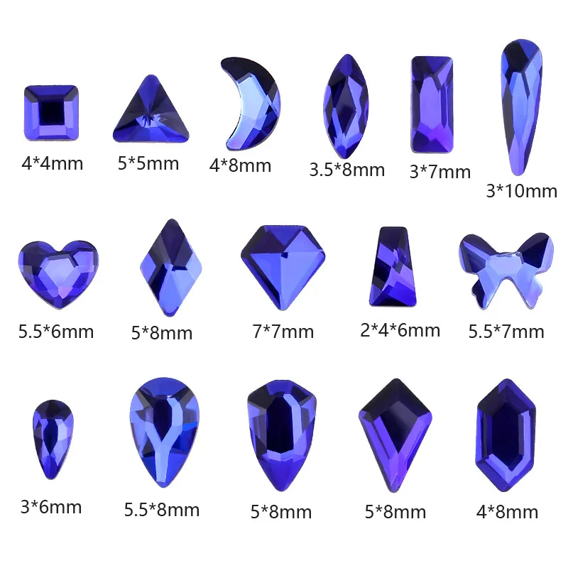100/500 Stück Saphirblau Boutique Nail Art Strasssteine mit flachem Boden Glaskristall 3D Nageldekoration Mehrere Formen Großhandel