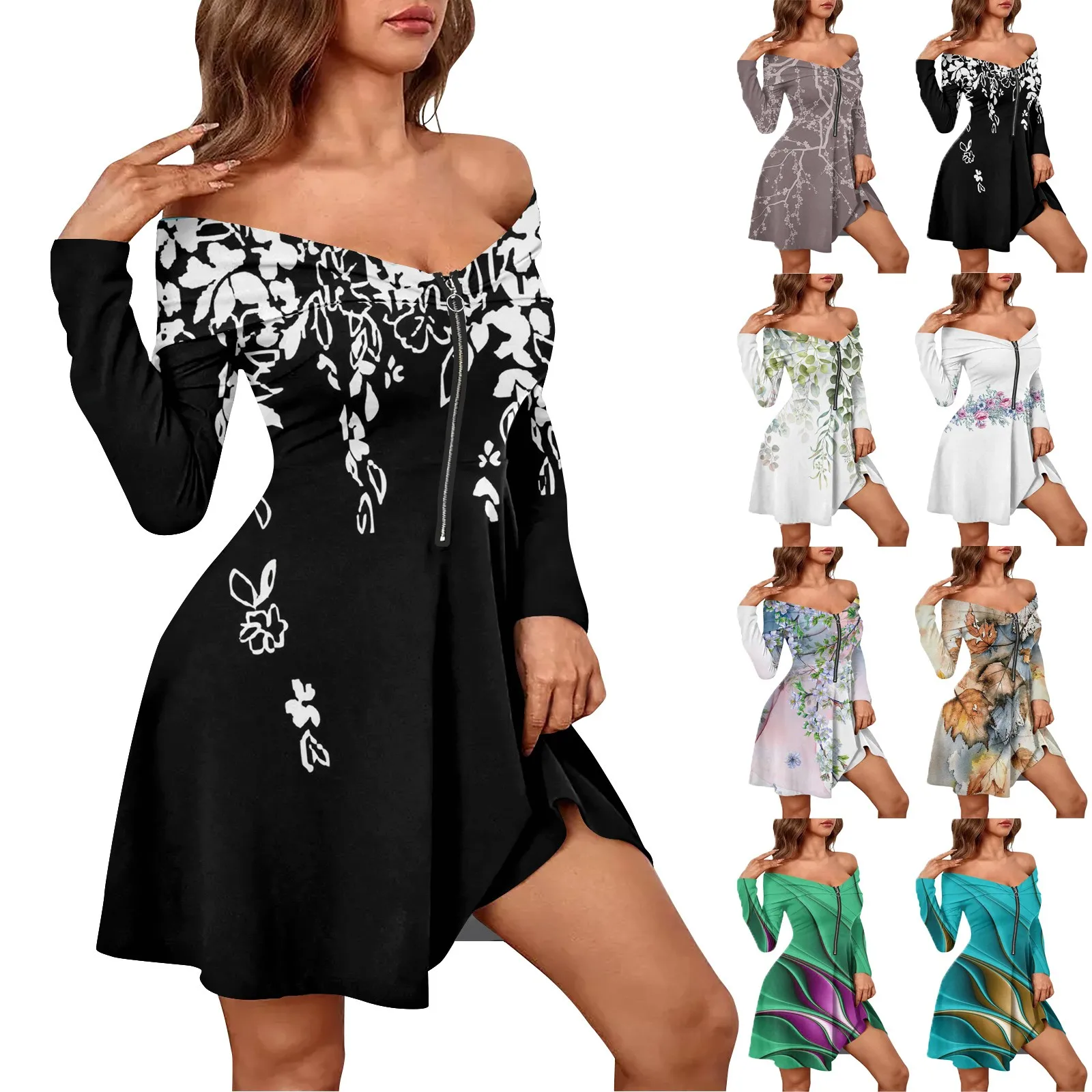 

Women's Casual Fashion Long Sleeve Print Zipper Sexy Off-Shoulder Dresss Abstract Print Hollow Casual Mini Sleeveless Dress