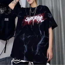 

Summer high street tie-dye printing short-sleeved Oversized Tshirt Fashion Y2K hip-hop five-point sleeve goth vintage Tops women