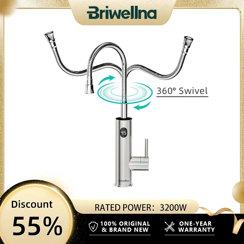 Briwellna ก๊อกน้ําร้อนทันทีพร้อม Universal Spout 220V เครื่องทําน้ําอุ่น Tankless ก๊อกน้ํา 2 ใน 1 สแตนเลส Heated TAP 1