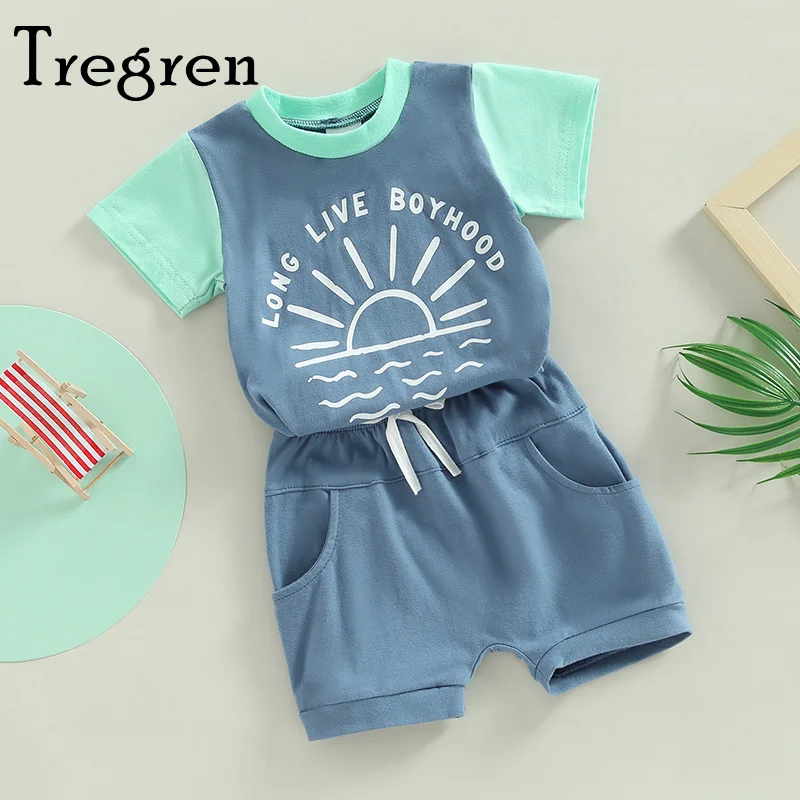 

Tregren Infant Baby Boys Summer Outfits Casual Short Sleeve Contrast Color Tops + Drawstring Shorts 2pcs Clothes Sets For 3-24M
