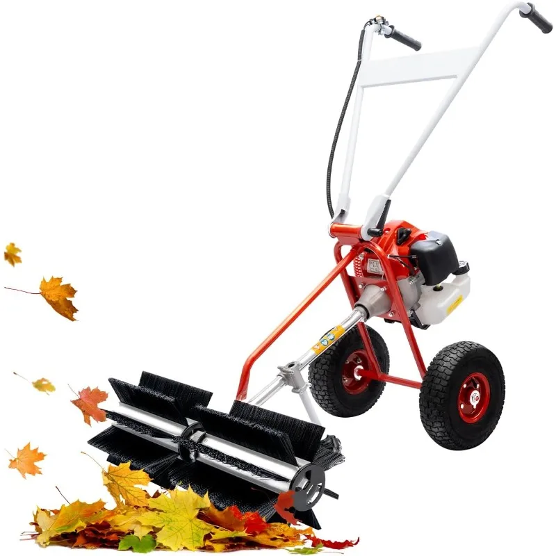 43CC 2-Stroke Gas Powered Handheld Sweeper 1.7HP Portable Artificial Grass Brush Power Broom,Hand-Push Walk Behind Snow Sweeper