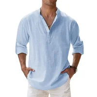 Chemises à manches courtes pour hommes, en coton et lin, couleur unie, col Henley, décontracté, Style plage, vacances hawaïennes, offre spéciale, été 3