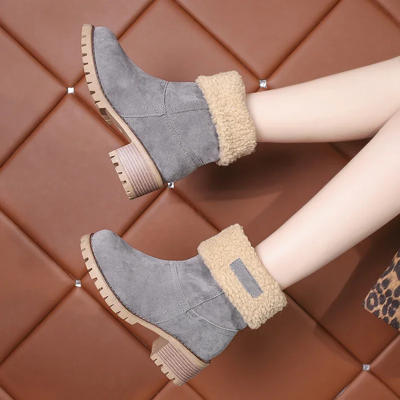 Women Winter Fur Warm Snow Boots Ladies Warm Wool Booties Ankle Boot Comfortable Shoes Turned-over Edge Casual Women Mid Boots