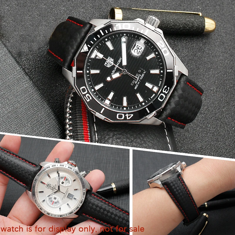 SCHIK Carbon fiber texture genuine leather bottom watchband For TAG wristband black with red line strap 20mm with folding buckle
