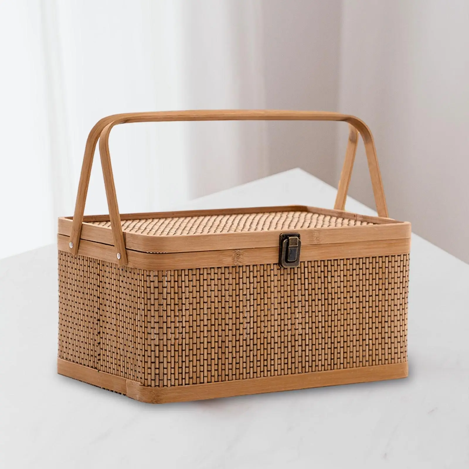 Handcrafted Bamboo Basket with Handle and Lid Durable Snack Fruit Storage for Picnic Camping and Home Use